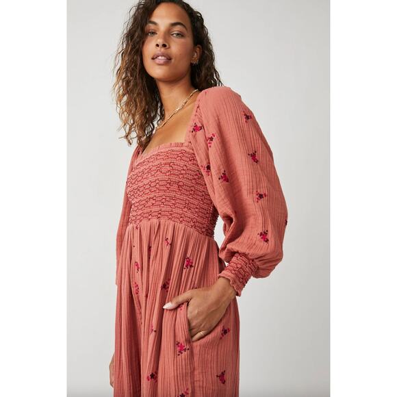 Free People Dahlia Jumpsuit Floral Wide Leg Smocked Pink Red XS Embroidery Boho - Picture 9 of 9